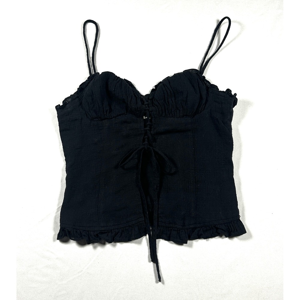 Nia Black Lace Up Corset Cami Top Ruffle Hem Gauze Sleeveless‎ Small